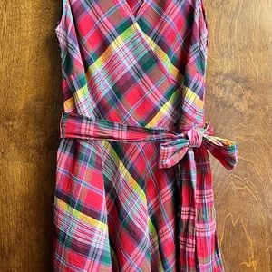 ⭐️LAUREN RALPH LAUREN PINK MULTI PLAID TARTAN CRINKLE SLEEVELESS DRESS NWT SZ 12